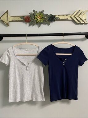 Brandy Melville Short Sleeve Henley Tees in Navy and Light Gray